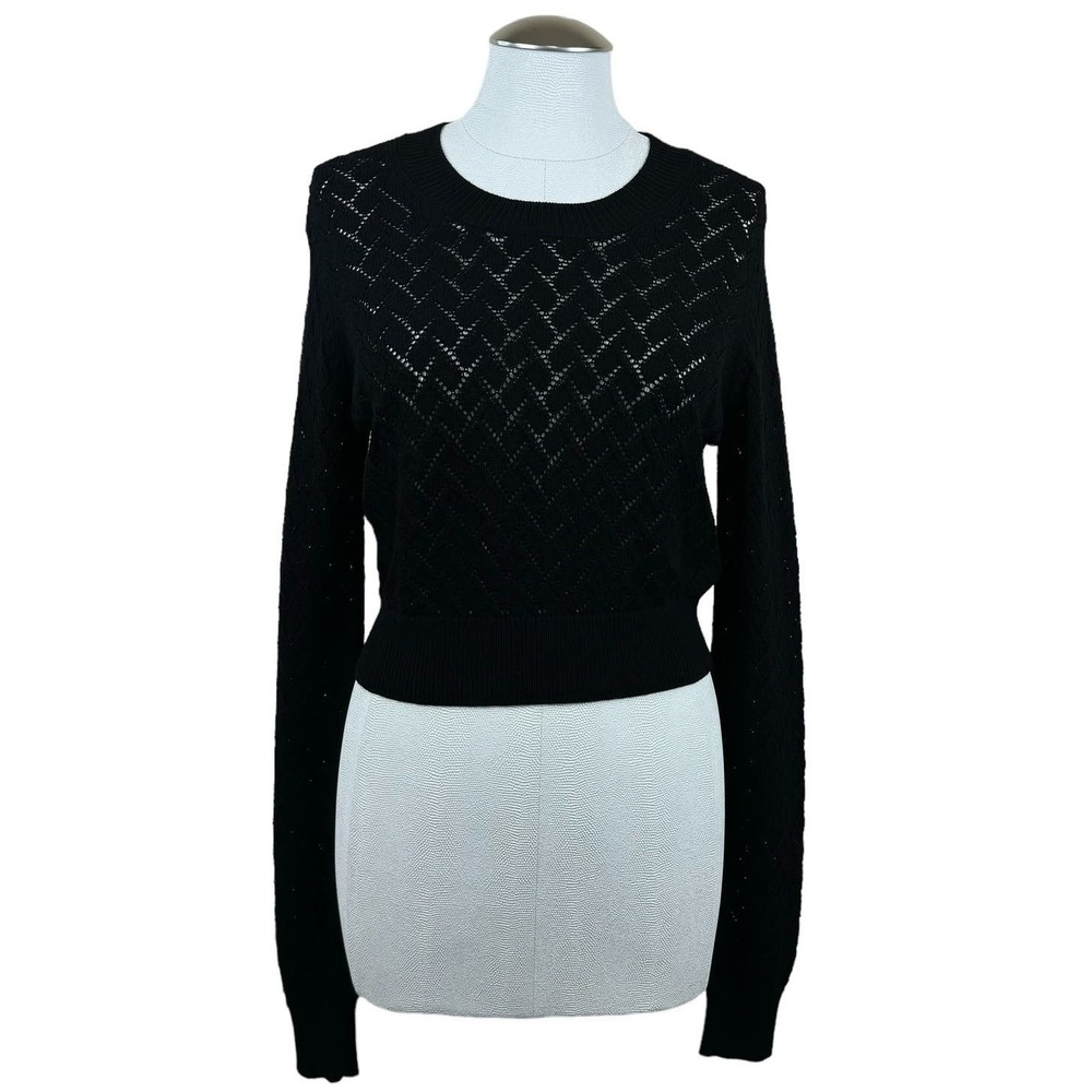 GREY Jason Wu Women's Sweater Large Black Open Knit Long Sleeve Cropped‎ Top
